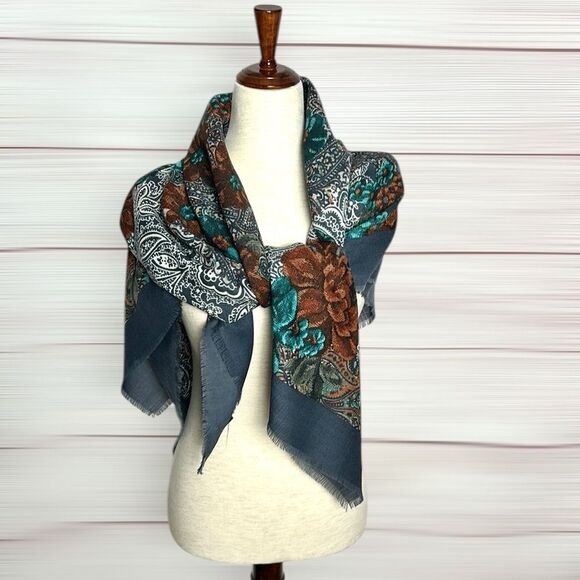 Vintage Ray Strauss Large Wool Square Scarf Shawl Gray Paisley Floral Italy - Picture 3 of 13